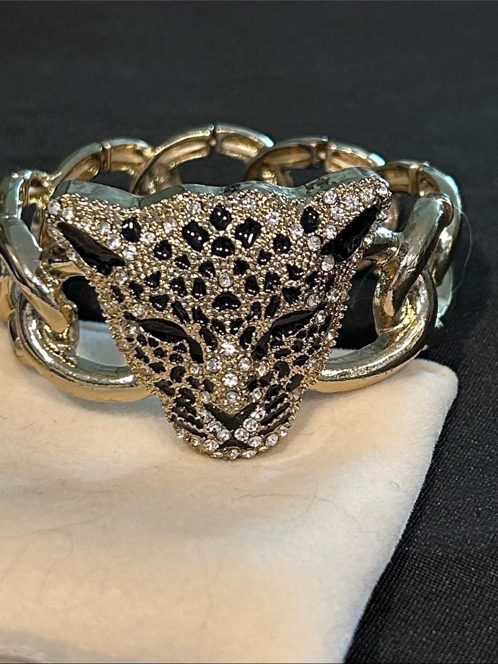 Cheetah Head Statement Bracelet | Silver & Gold Tone | Crystal Rhinestone Cuff - Picture 3 of 8